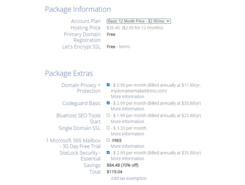 bluehost package information with basic 12 month price